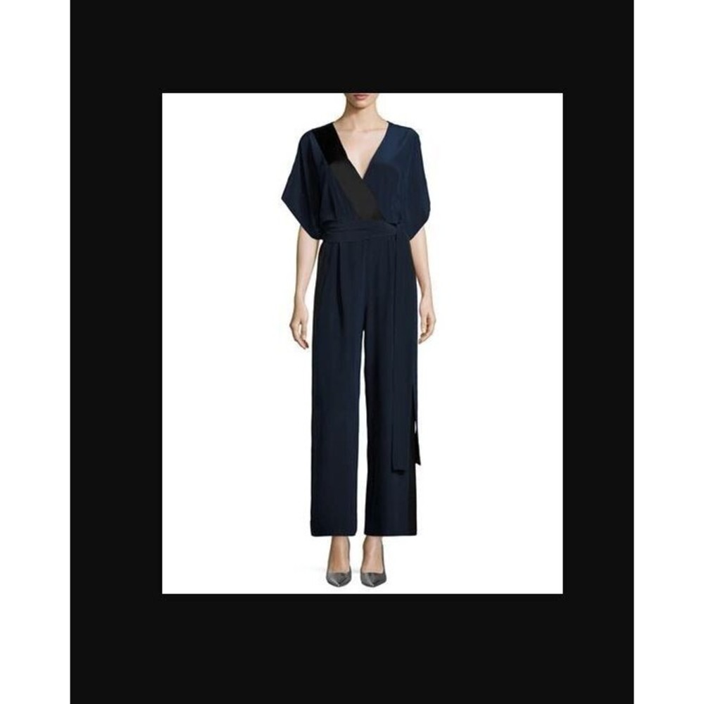 Diane Von Furstenberg Kimono Sleeve Jumpsuit 6 Faux Wrap Navy Blue